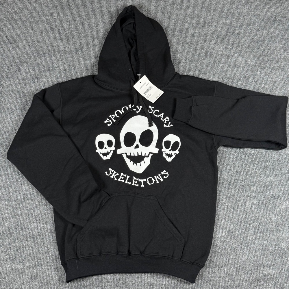 Spooky Scary Skeletons Black Hoodie Pullover Skull Graphic Youth Medium NWT